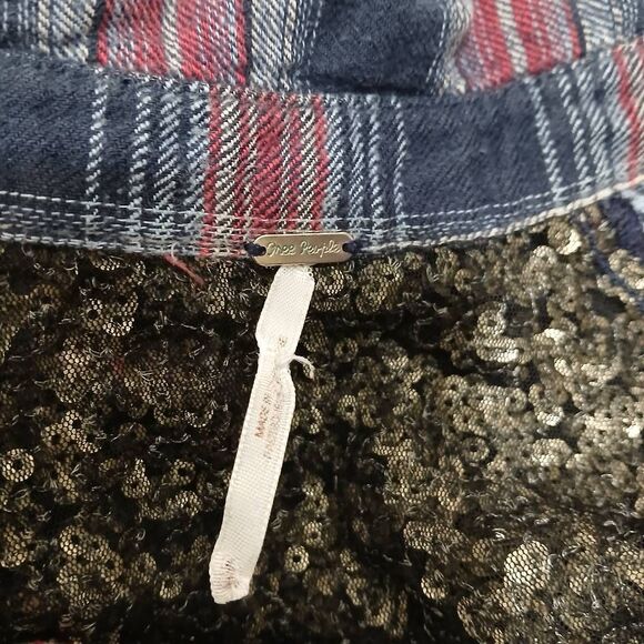 Free People womens medium long fit sequin mixed fabric plaid shirt blue pale red - Picture 5 of 6